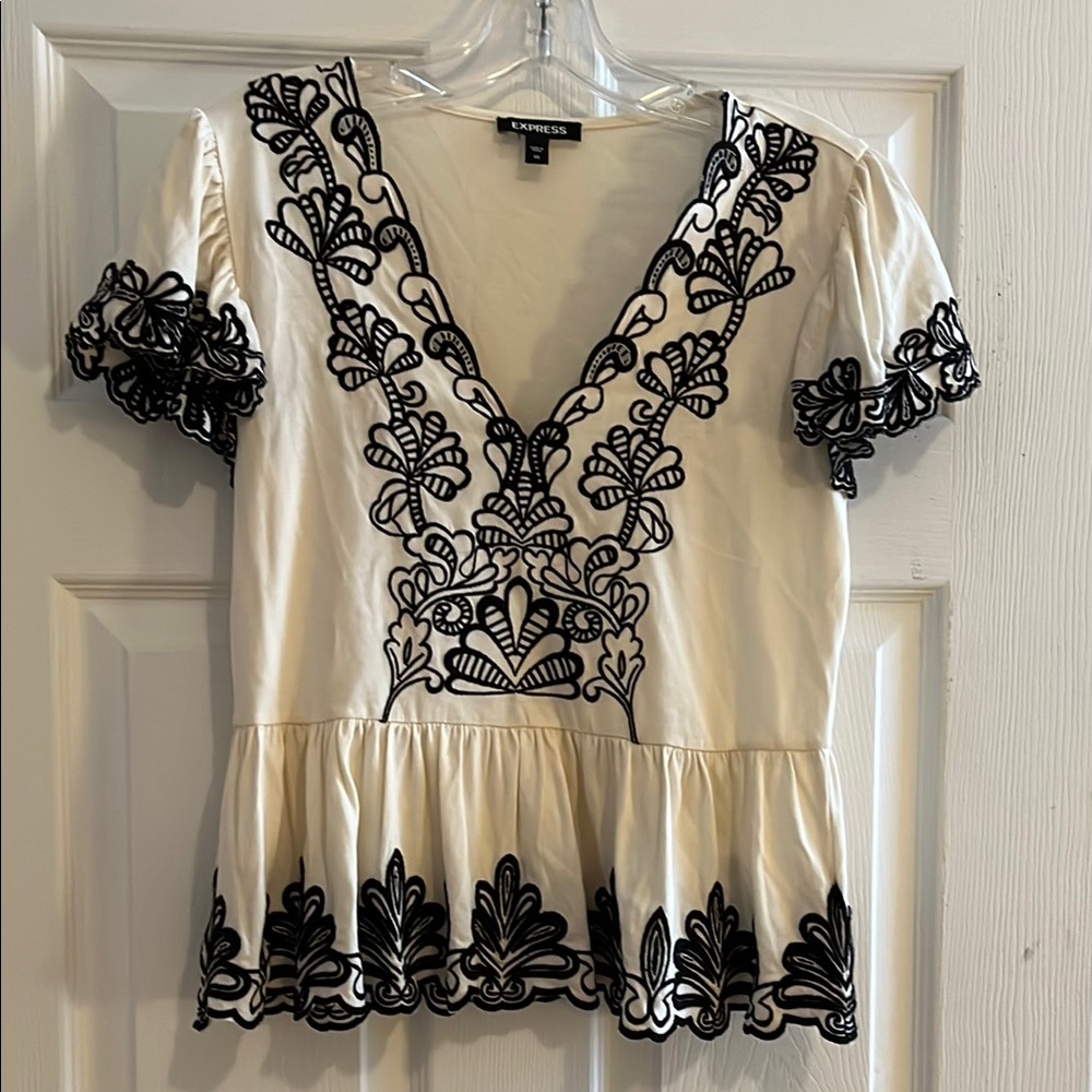 Express Black and Cream Embroidered Floral Peplum Blouse